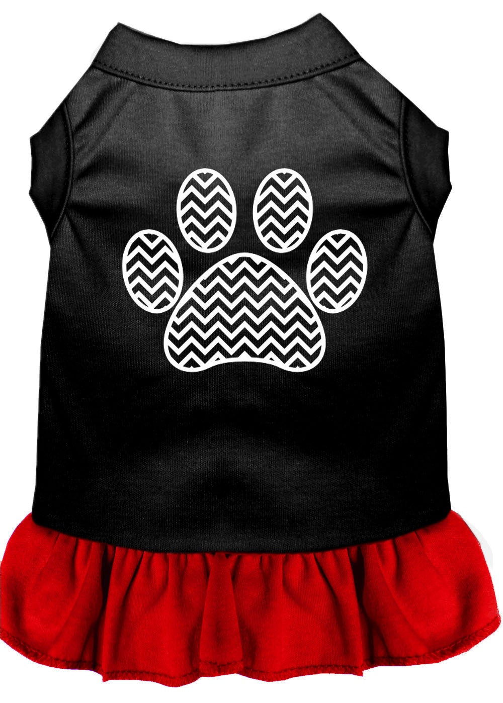 A stylish pet dress featuring a chevron pattern and ruffle detail, suitable for dogs and cats.
