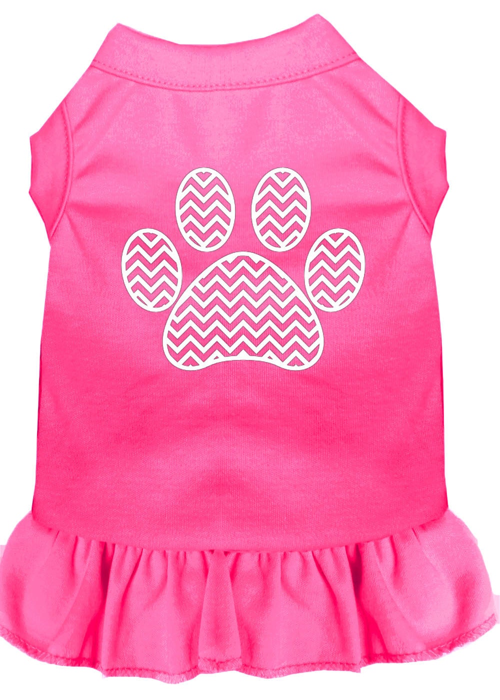 A stylish pet dress featuring a chevron pattern and ruffle detail, suitable for dogs and cats.