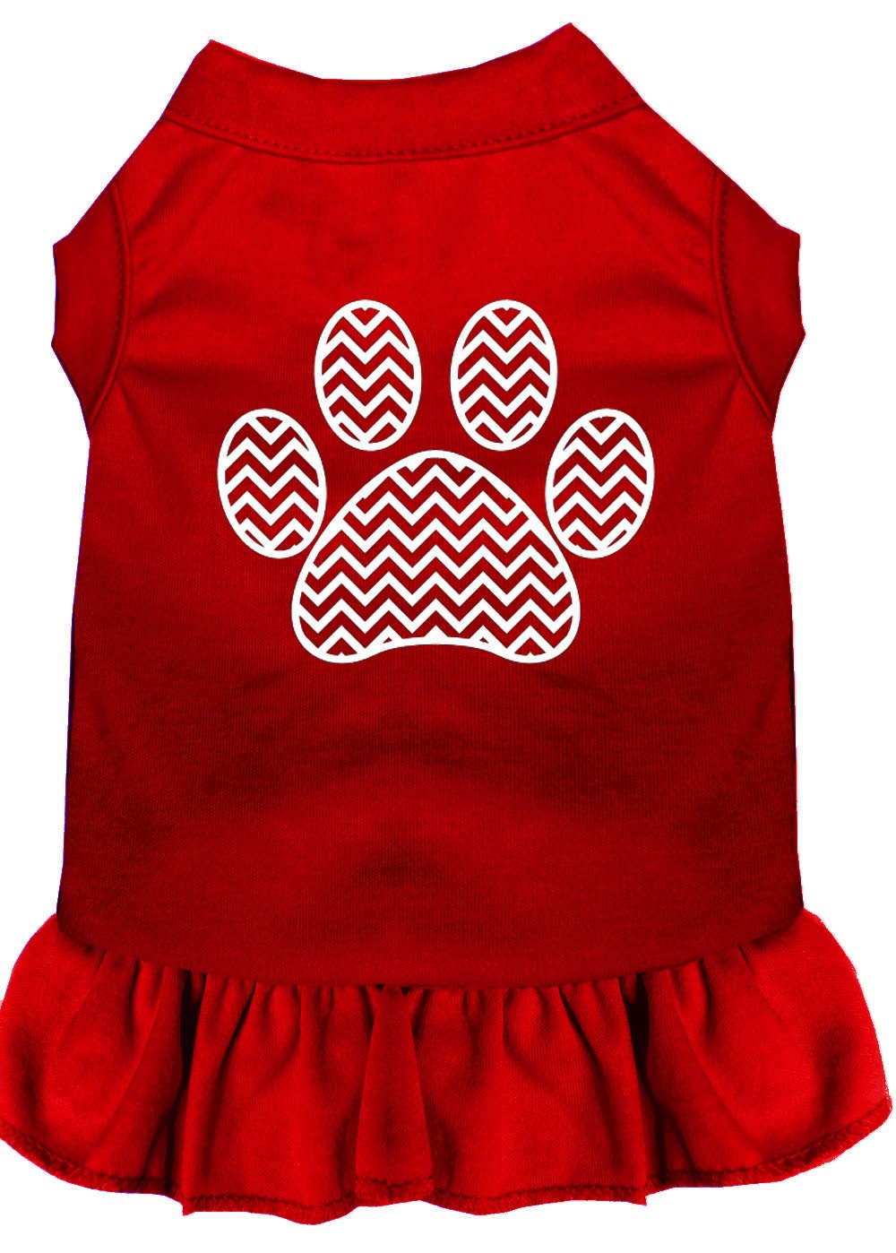 A stylish pet dress featuring a chevron pattern and ruffle detail, suitable for dogs and cats.