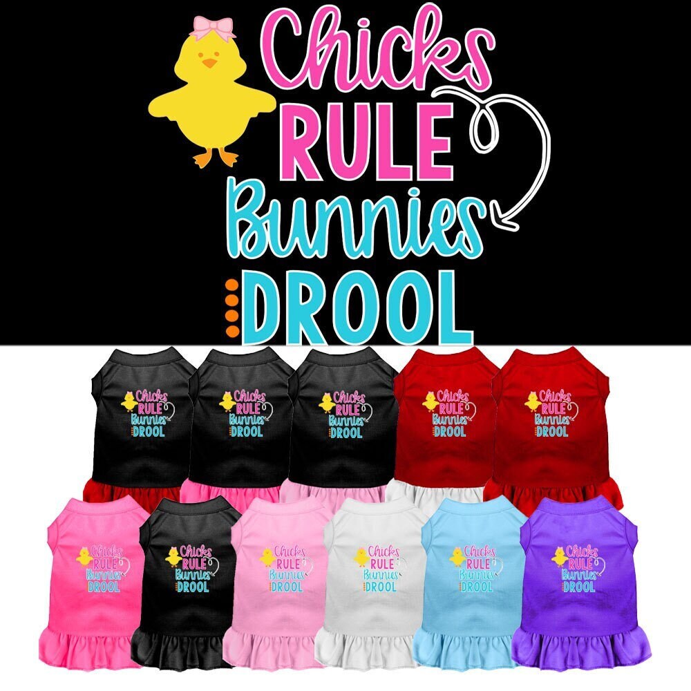 A cute pet dog and cat dress featuring the slogan 'Chicks Rule, Bunnies Drool', made from soft cotton and polyester blend.