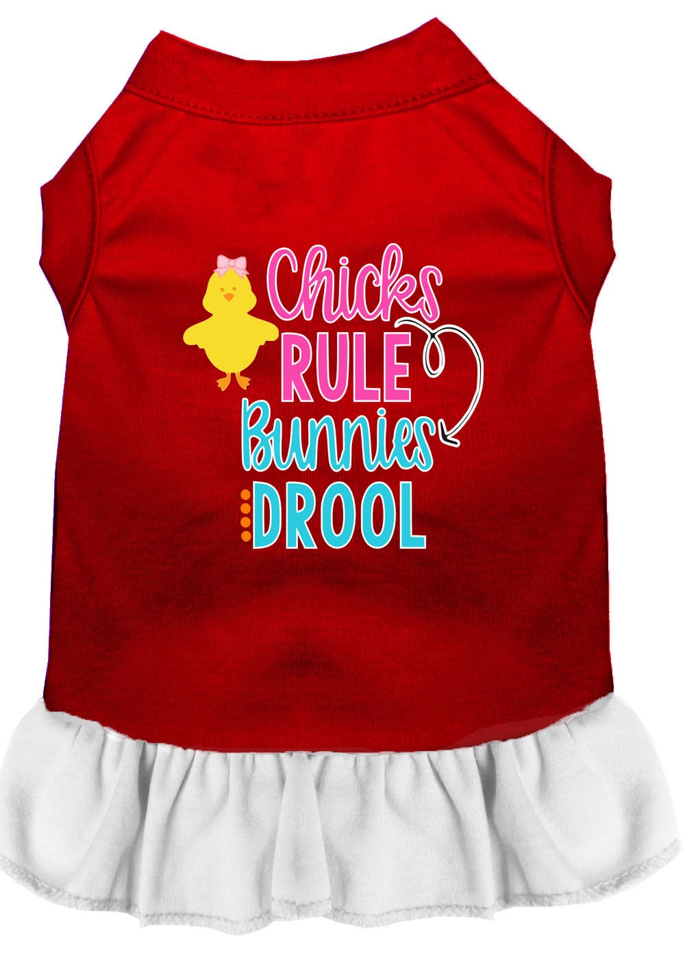 A cute pet dog and cat dress featuring the slogan 'Chicks Rule, Bunnies Drool', made from soft cotton and polyester blend.