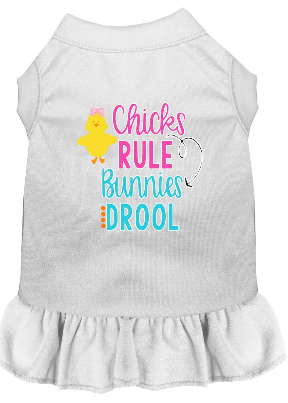A cute pet dog and cat dress featuring the slogan 'Chicks Rule, Bunnies Drool', made from soft cotton and polyester blend.