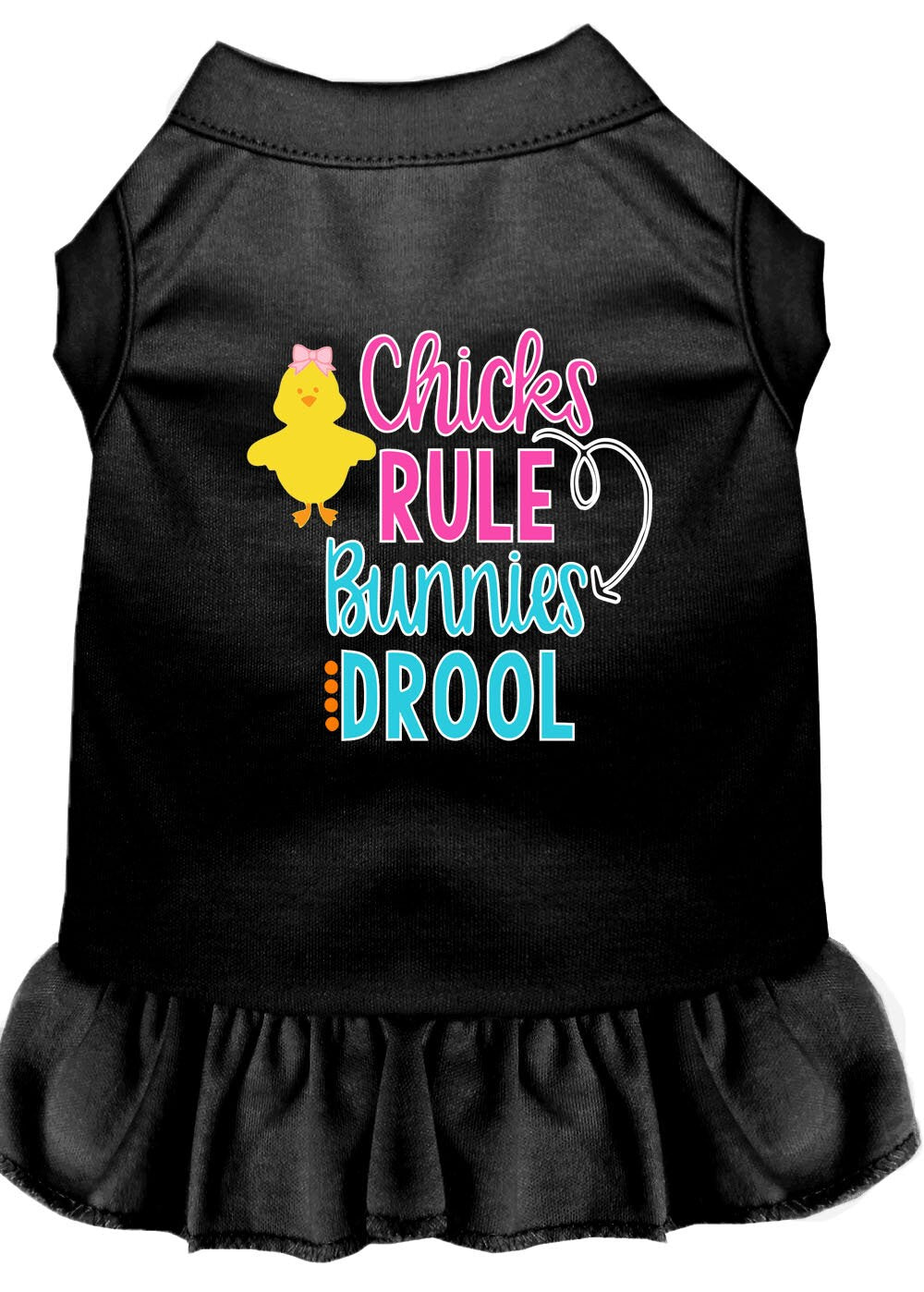 A cute pet dog and cat dress featuring the slogan 'Chicks Rule, Bunnies Drool', made from soft cotton and polyester blend.