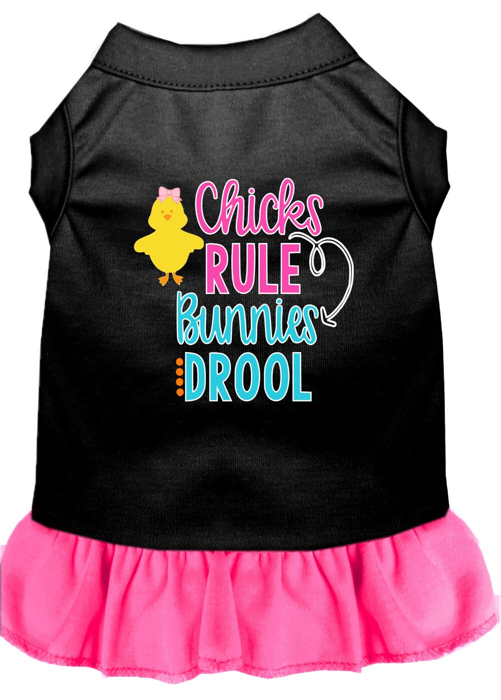 A cute pet dog and cat dress featuring the slogan 'Chicks Rule, Bunnies Drool', made from soft cotton and polyester blend.