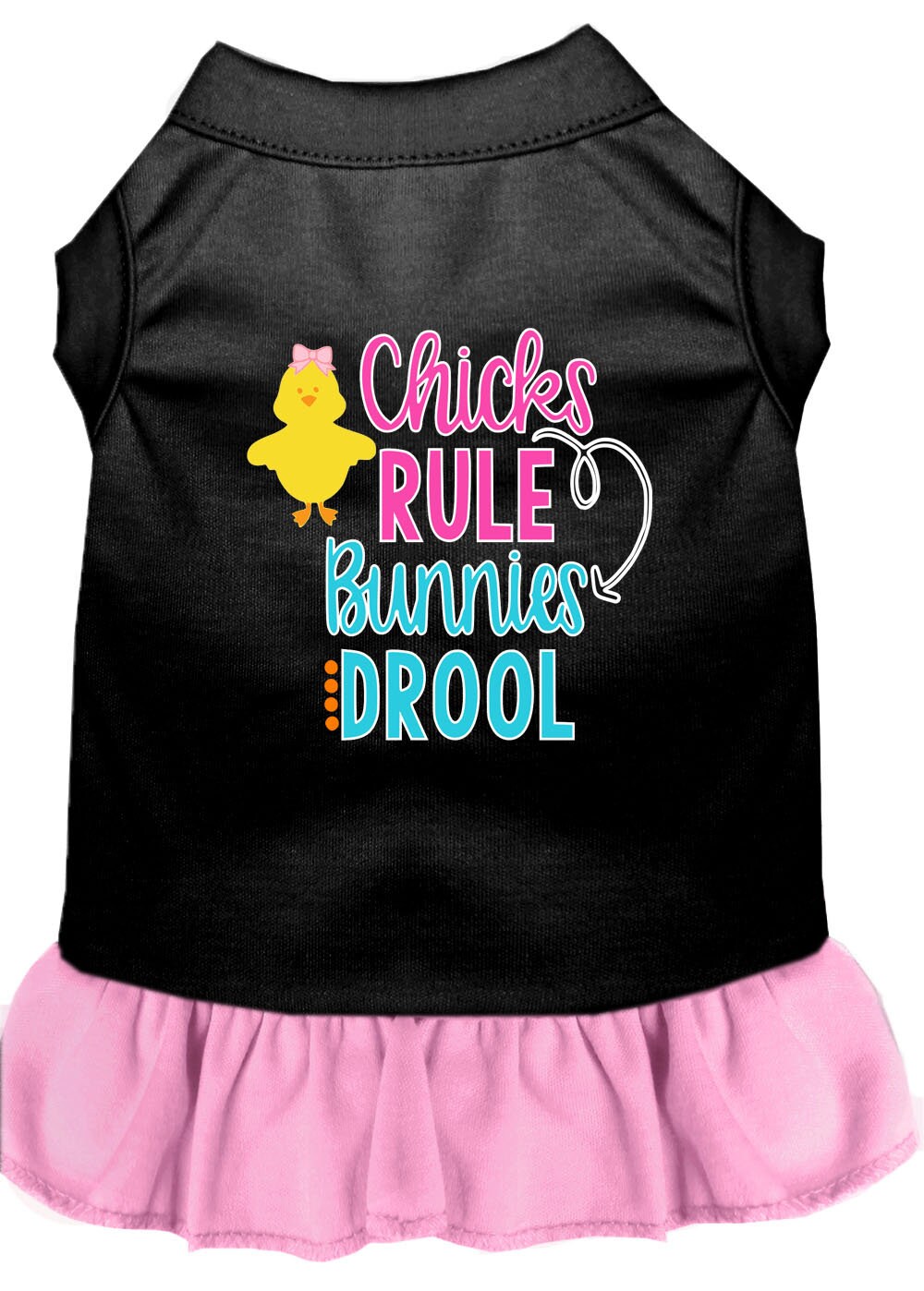 A cute pet dog and cat dress featuring the slogan 'Chicks Rule, Bunnies Drool', made from soft cotton and polyester blend.
