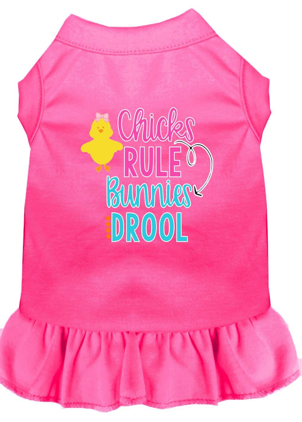 A cute pet dog and cat dress featuring the slogan 'Chicks Rule, Bunnies Drool', made from soft cotton and polyester blend.