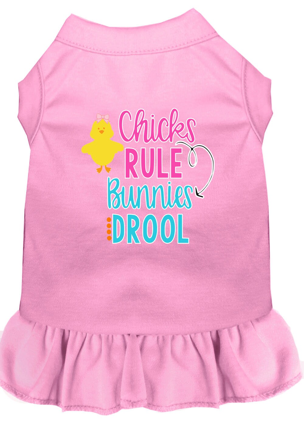 A cute pet dog and cat dress featuring the slogan 'Chicks Rule, Bunnies Drool', made from soft cotton and polyester blend.