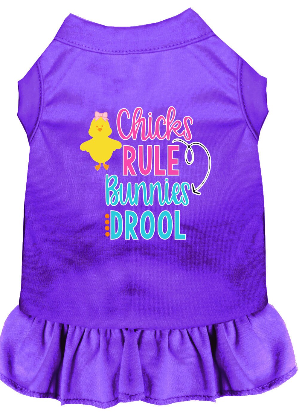 A cute pet dog and cat dress featuring the slogan 'Chicks Rule, Bunnies Drool', made from soft cotton and polyester blend.