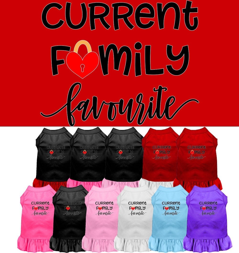 Adorable pet dog and cat dress featuring the phrase 'Current Family Favorite', showcasing a soft fabric and stylish design.