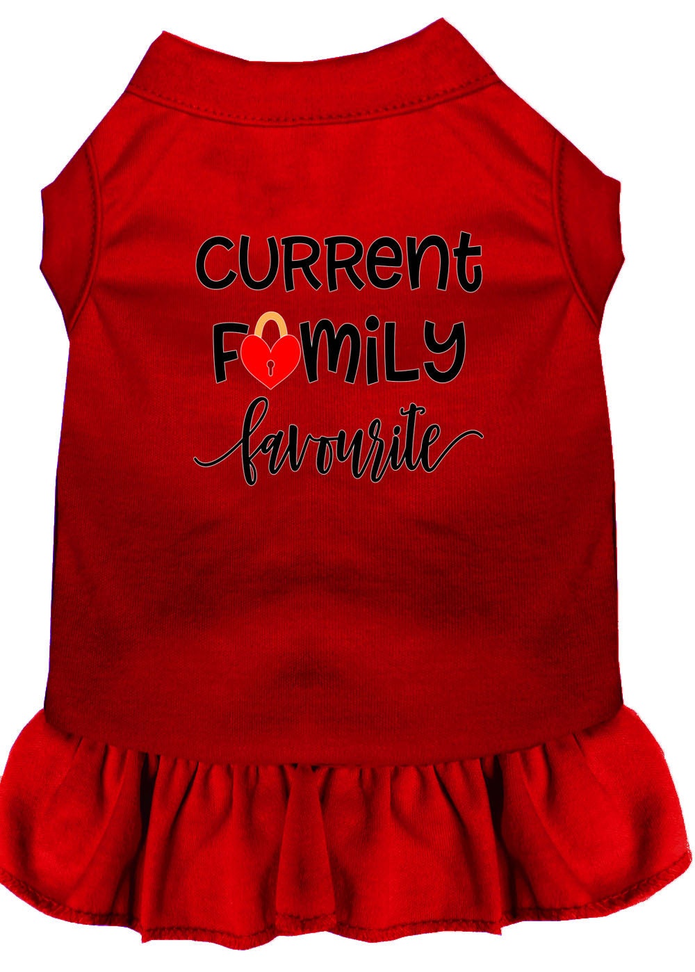 Adorable pet dog and cat dress featuring the phrase 'Current Family Favorite', showcasing a soft fabric and stylish design.