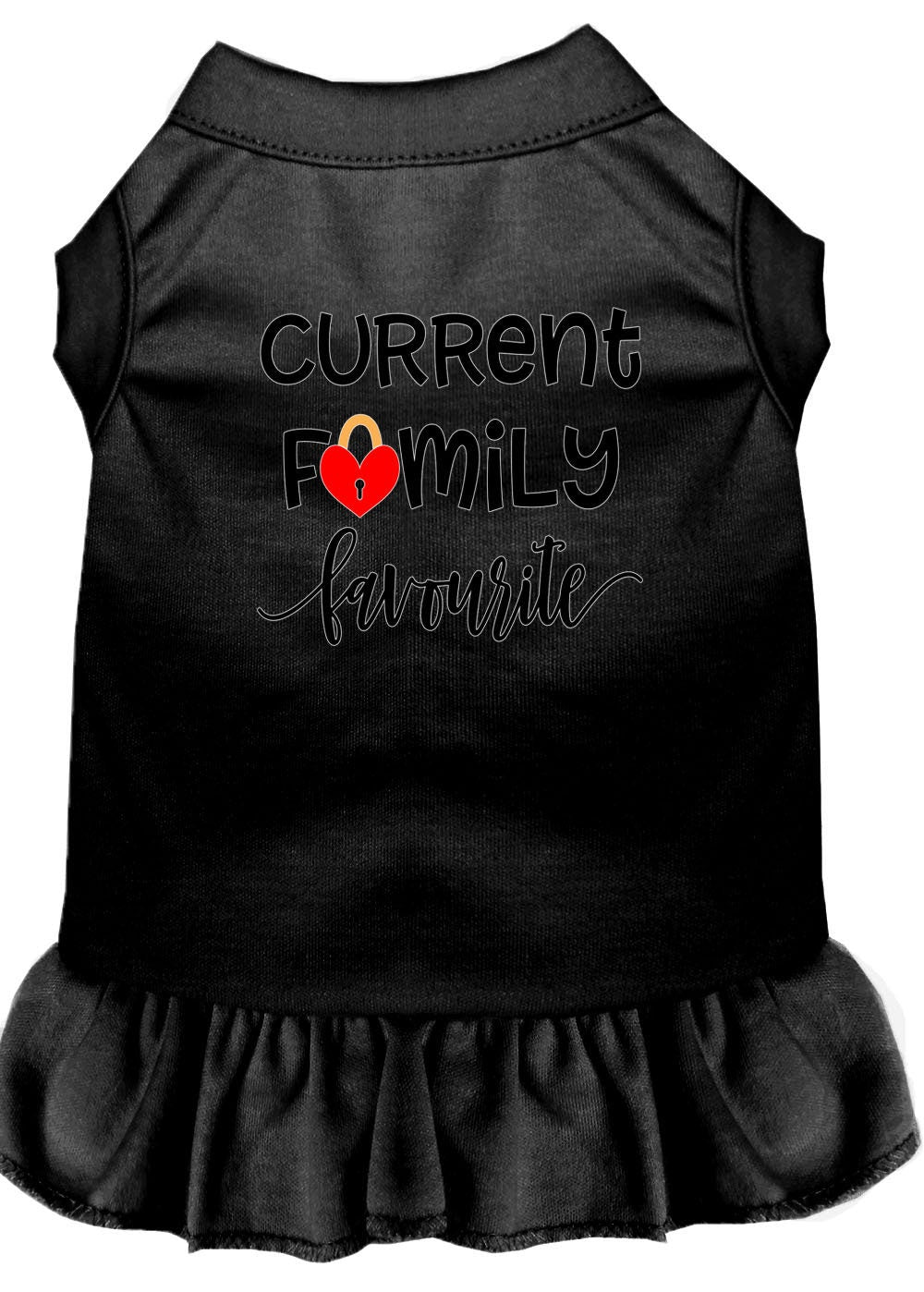 Adorable pet dog and cat dress featuring the phrase 'Current Family Favorite', showcasing a soft fabric and stylish design.