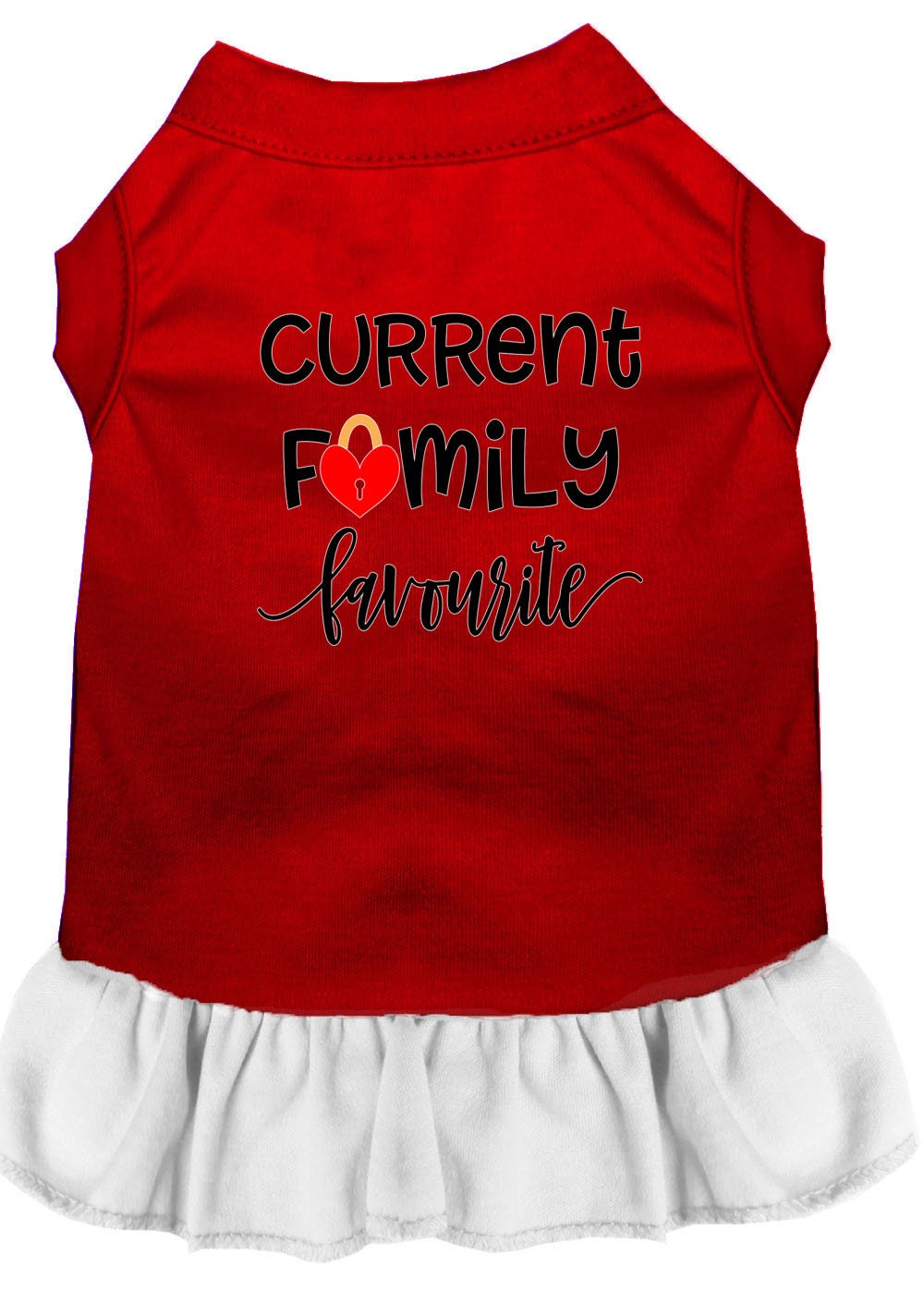 Adorable pet dog and cat dress featuring the phrase 'Current Family Favorite', showcasing a soft fabric and stylish design.