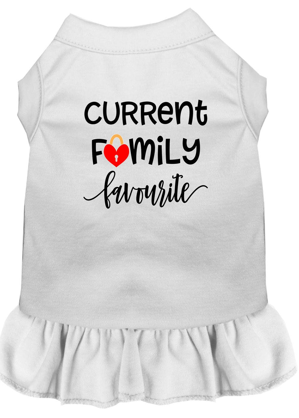 Adorable pet dog and cat dress featuring the phrase 'Current Family Favorite', showcasing a soft fabric and stylish design.