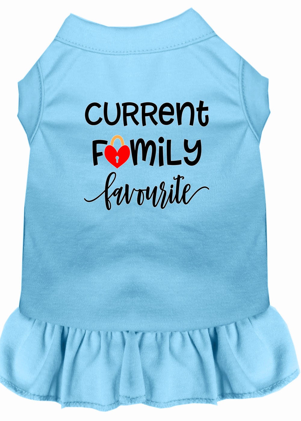 Adorable pet dog and cat dress featuring the phrase 'Current Family Favorite', showcasing a soft fabric and stylish design.