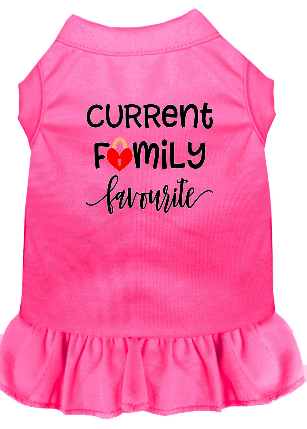 Adorable pet dog and cat dress featuring the phrase 'Current Family Favorite', showcasing a soft fabric and stylish design.