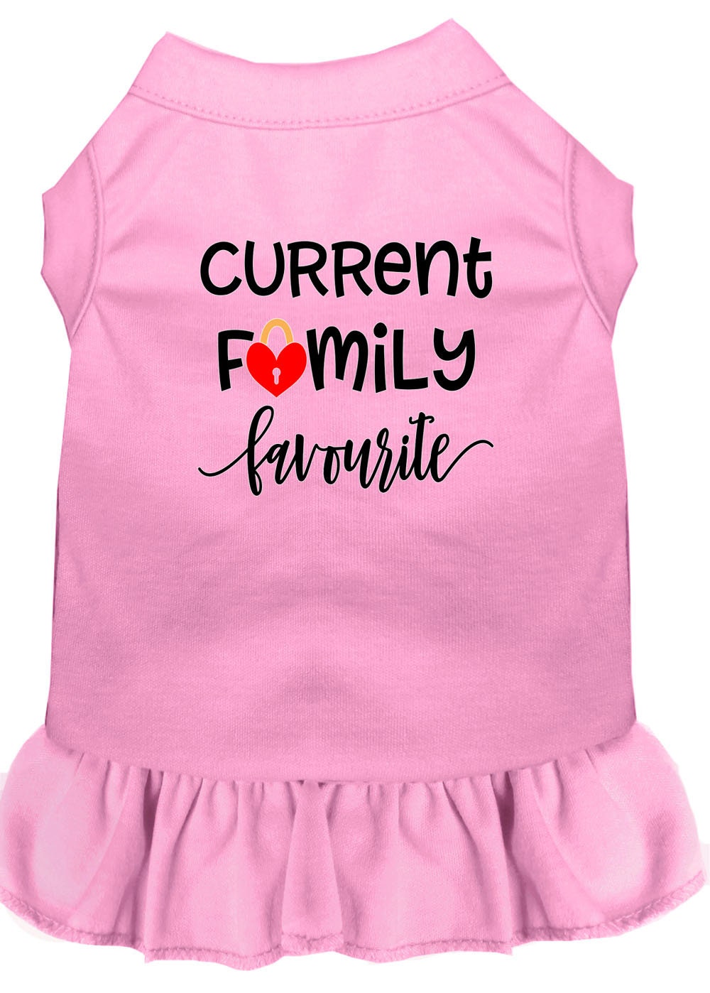 Adorable pet dog and cat dress featuring the phrase 'Current Family Favorite', showcasing a soft fabric and stylish design.