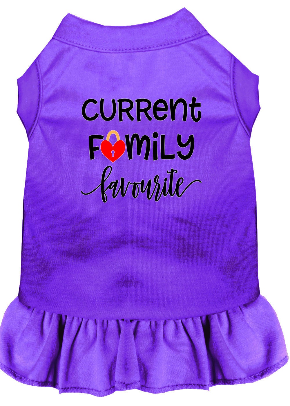Adorable pet dog and cat dress featuring the phrase 'Current Family Favorite', showcasing a soft fabric and stylish design.