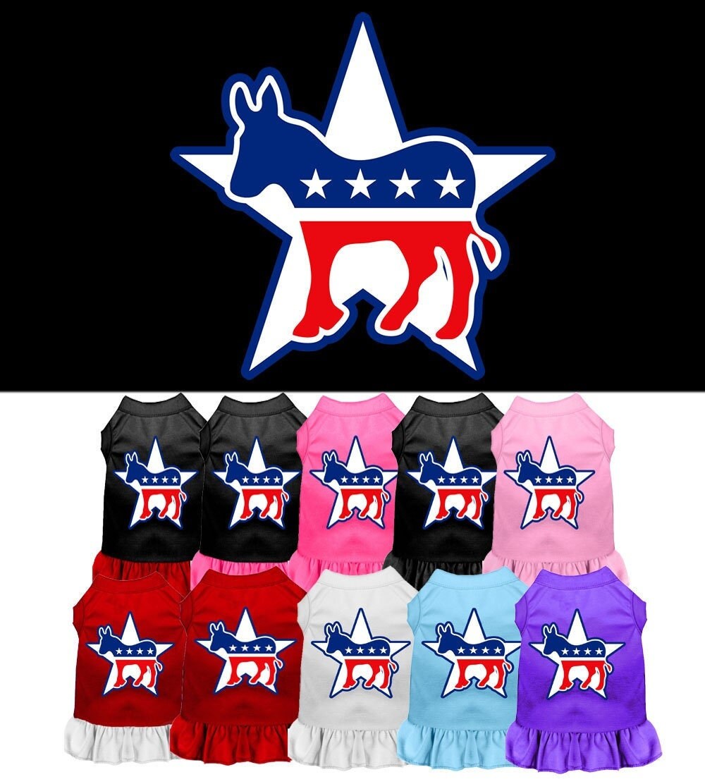 A cute pet dress screen printed with the word 'Democrat', featuring a ruffled bottom and a soft, comfortable fabric blend.