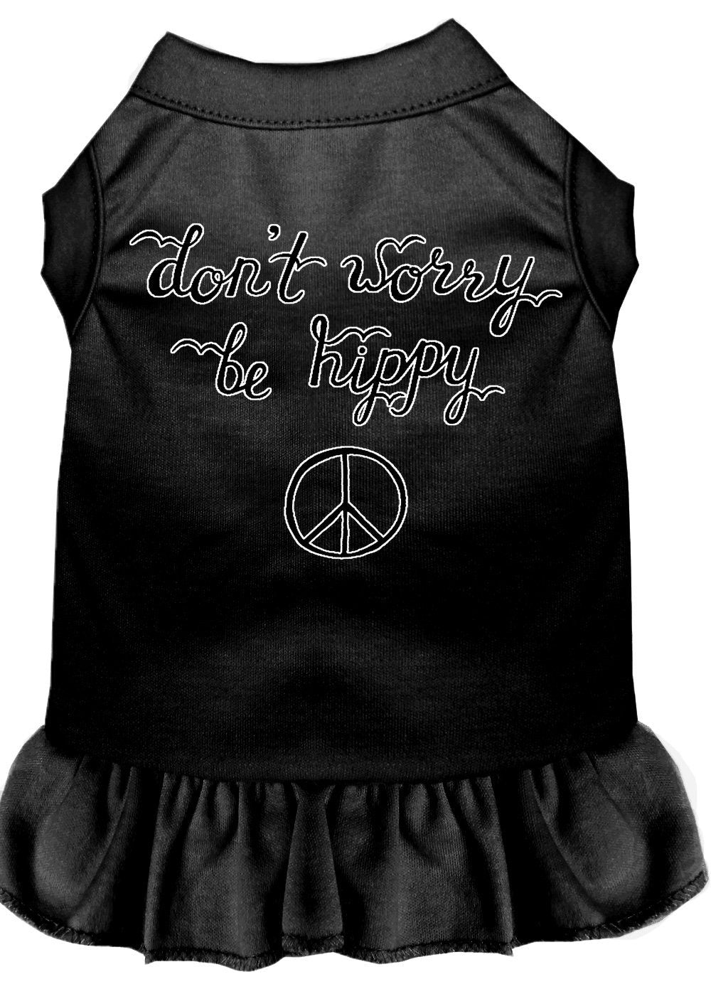A cute pet dog and cat dress featuring the slogan 'Don't Worry, Be Hippy', made from soft cotton and polyester blend.
