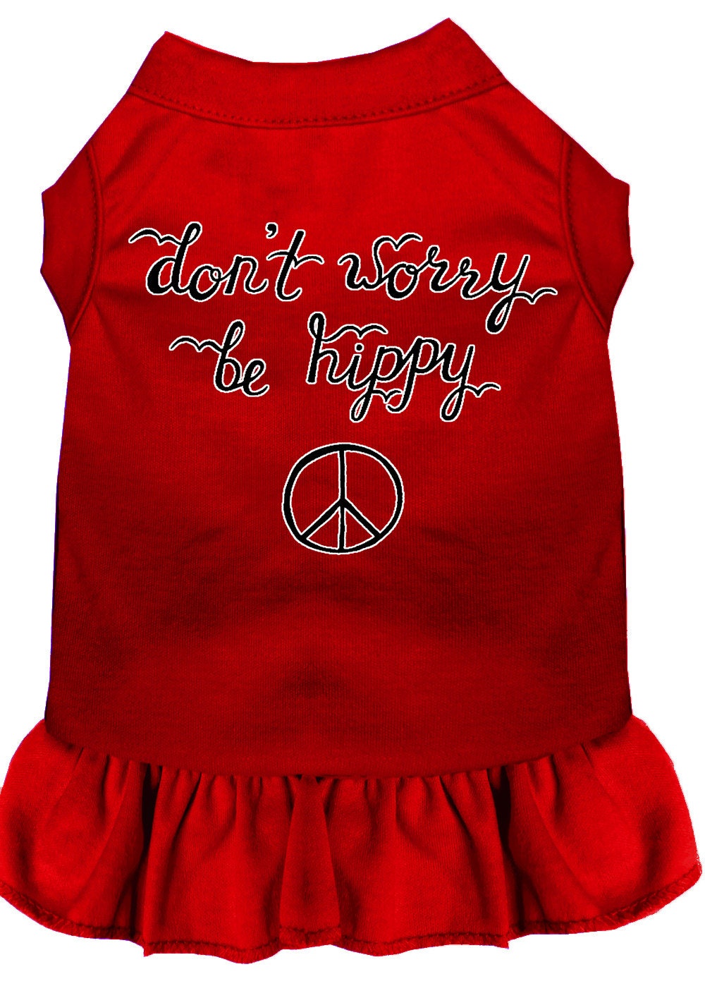 A cute pet dog and cat dress featuring the slogan 'Don't Worry, Be Hippy', made from soft cotton and polyester blend.
