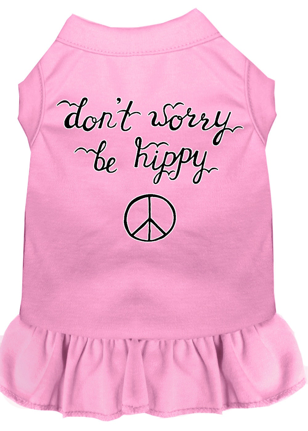 A cute pet dog and cat dress featuring the slogan 'Don't Worry, Be Hippy', made from soft cotton and polyester blend.