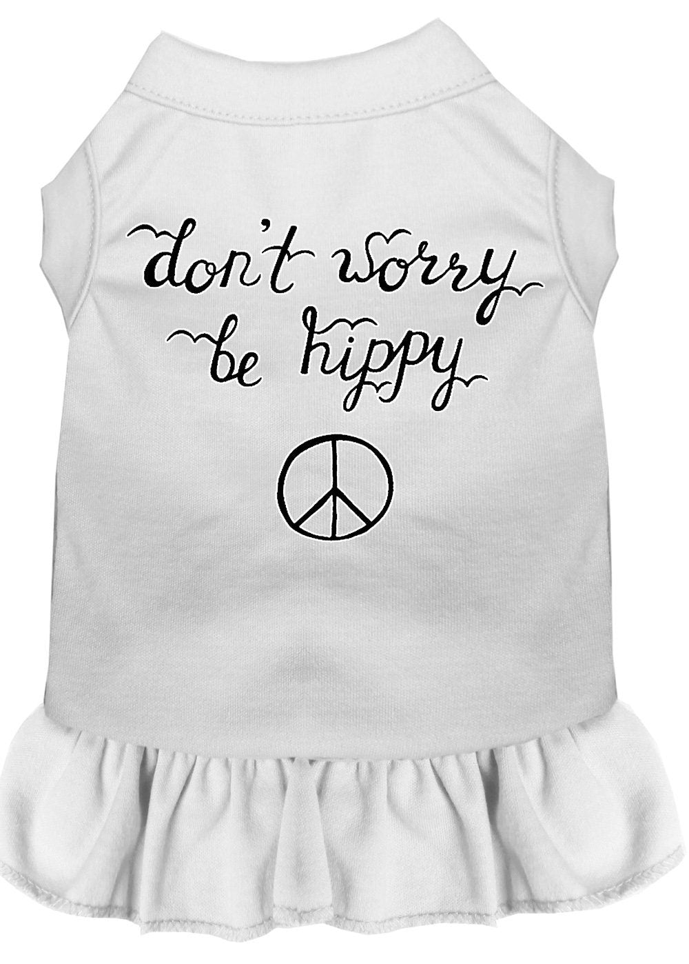 A cute pet dog and cat dress featuring the slogan 'Don't Worry, Be Hippy', made from soft cotton and polyester blend.