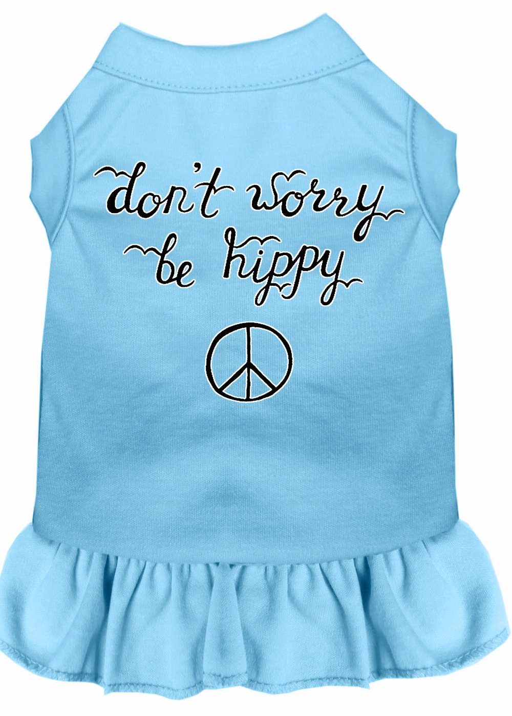 A cute pet dog and cat dress featuring the slogan 'Don't Worry, Be Hippy', made from soft cotton and polyester blend.