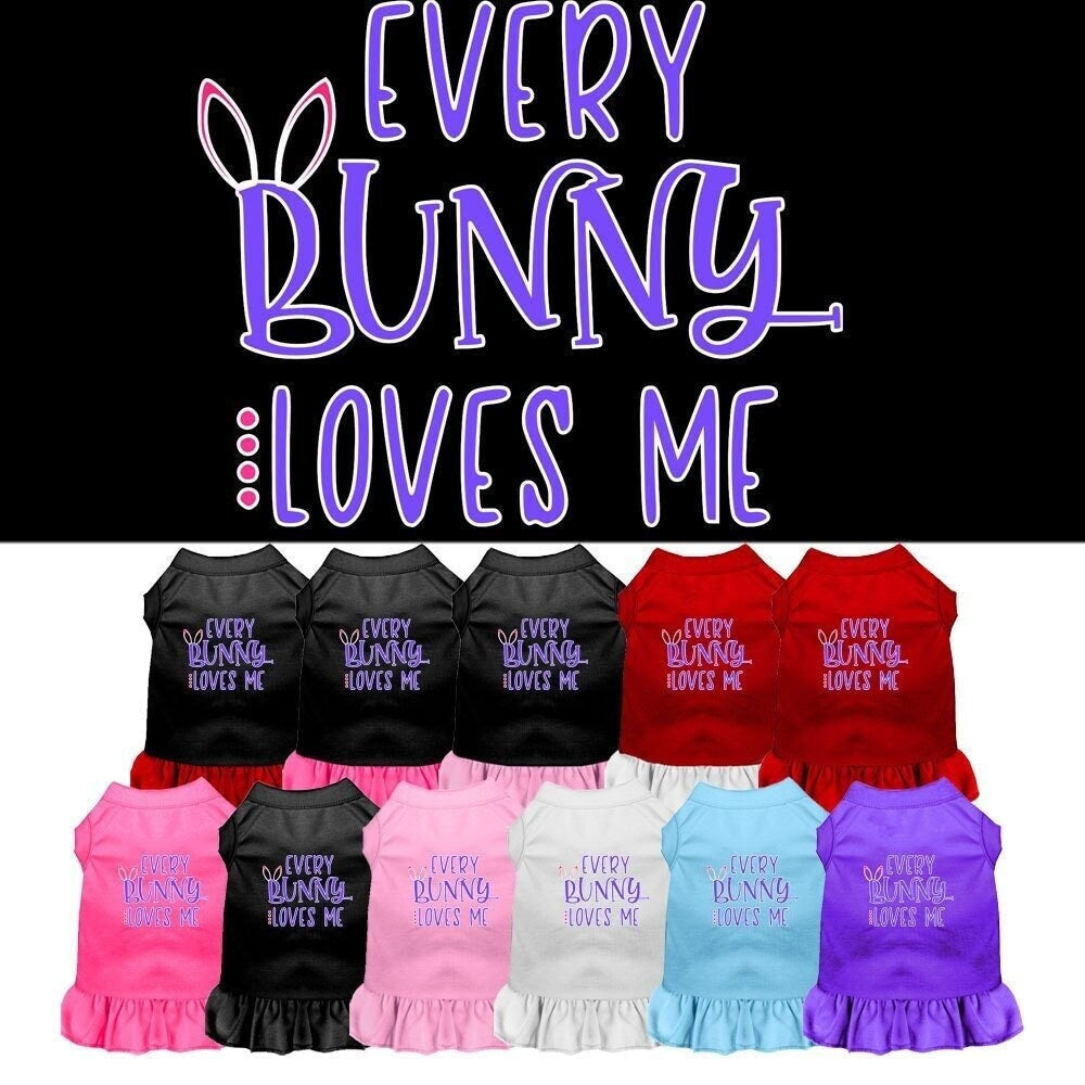A cute pet dress for dogs and cats featuring the phrase 'Every Bunny Loves Me', made from soft cotton-polyester blend.