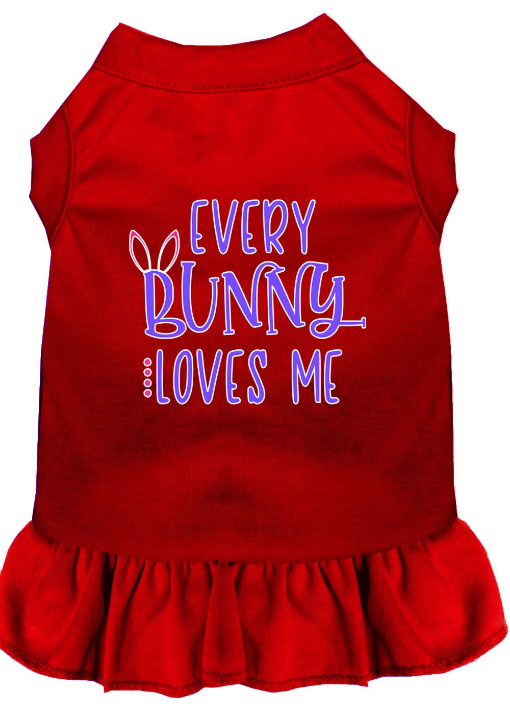 A cute pet dress for dogs and cats featuring the phrase 'Every Bunny Loves Me', made from soft cotton-polyester blend.