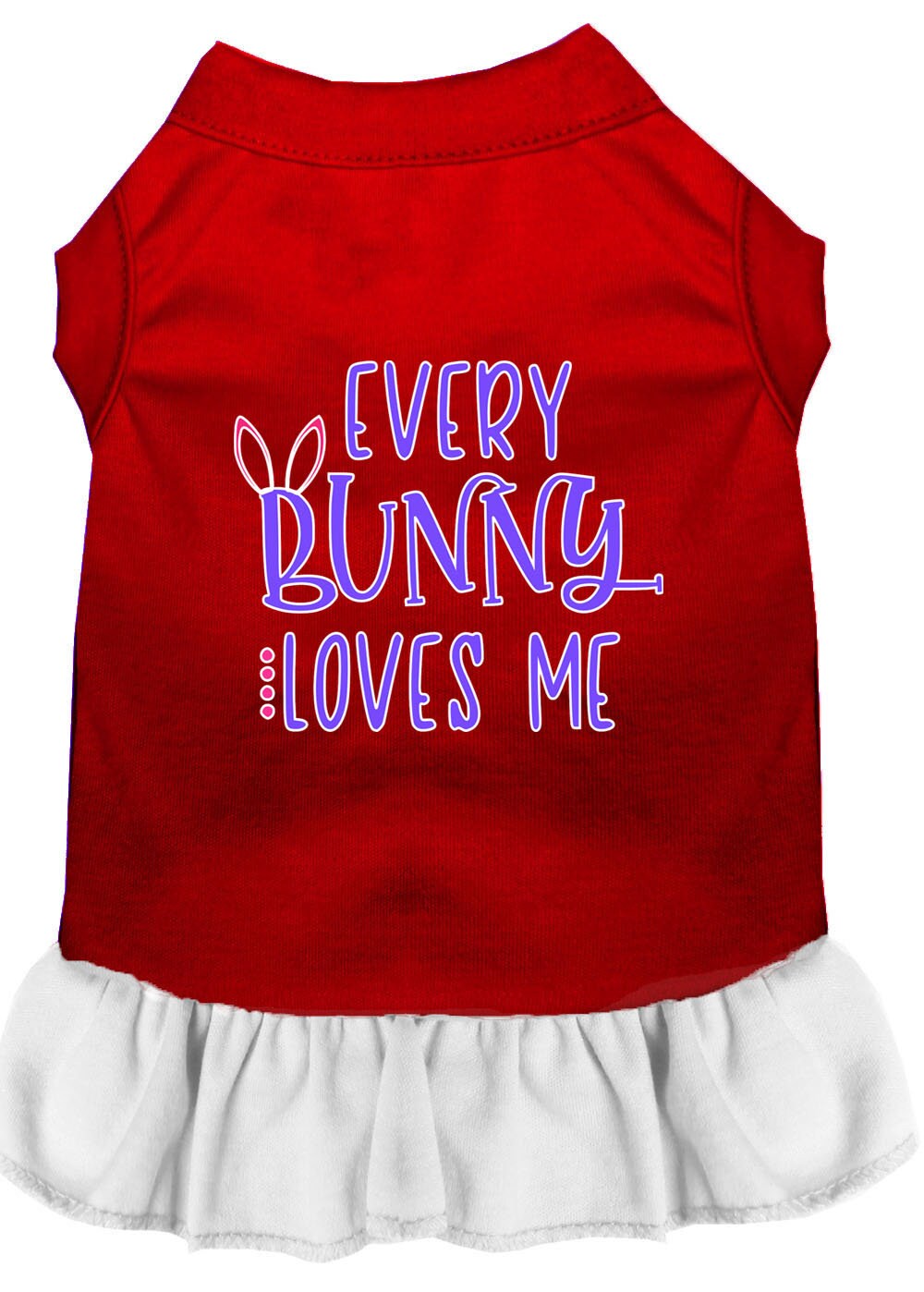 A cute pet dress for dogs and cats featuring the phrase 'Every Bunny Loves Me', made from soft cotton-polyester blend.