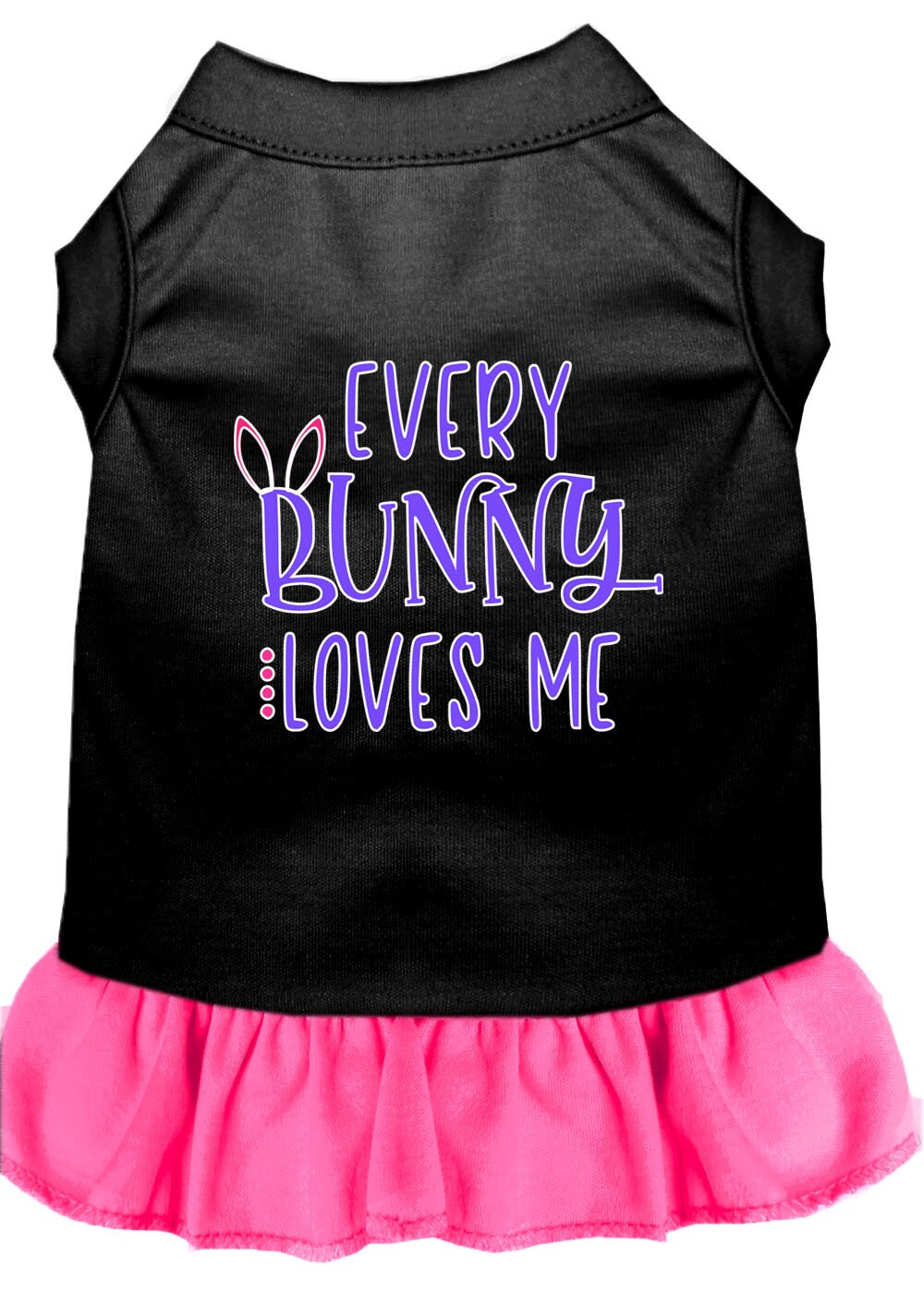 A cute pet dress for dogs and cats featuring the phrase 'Every Bunny Loves Me', made from soft cotton-polyester blend.