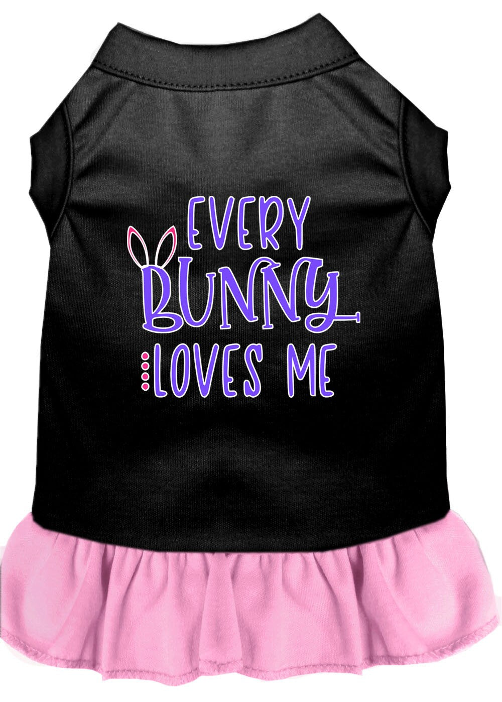 A cute pet dress for dogs and cats featuring the phrase 'Every Bunny Loves Me', made from soft cotton-polyester blend.