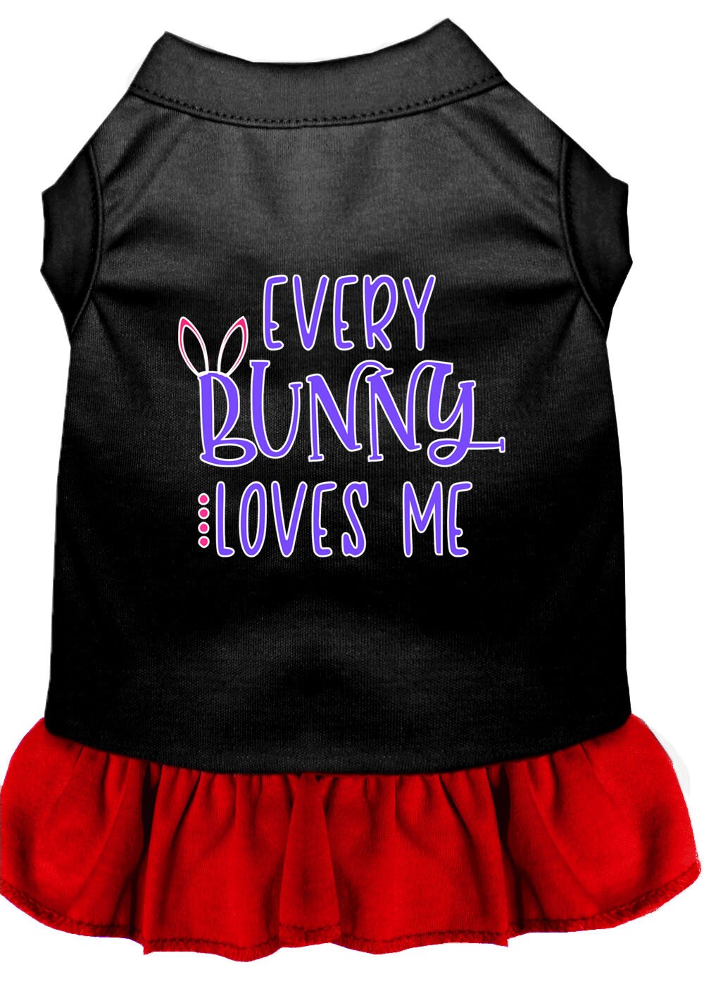 A cute pet dress for dogs and cats featuring the phrase 'Every Bunny Loves Me', made from soft cotton-polyester blend.