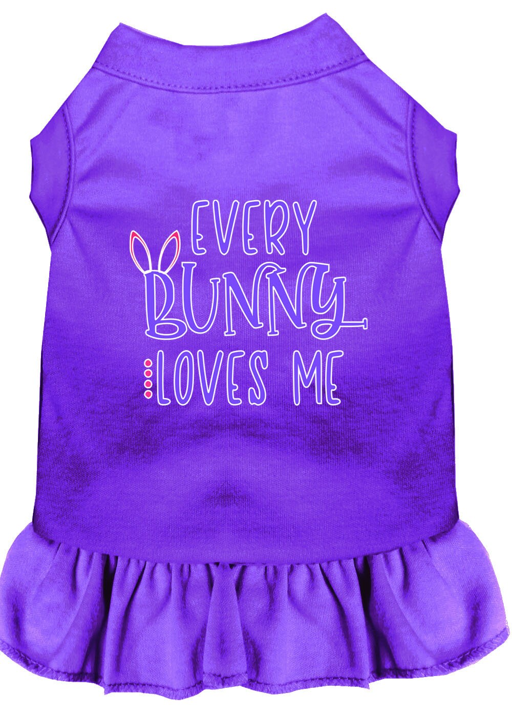 A cute pet dress for dogs and cats featuring the phrase 'Every Bunny Loves Me', made from soft cotton-polyester blend.