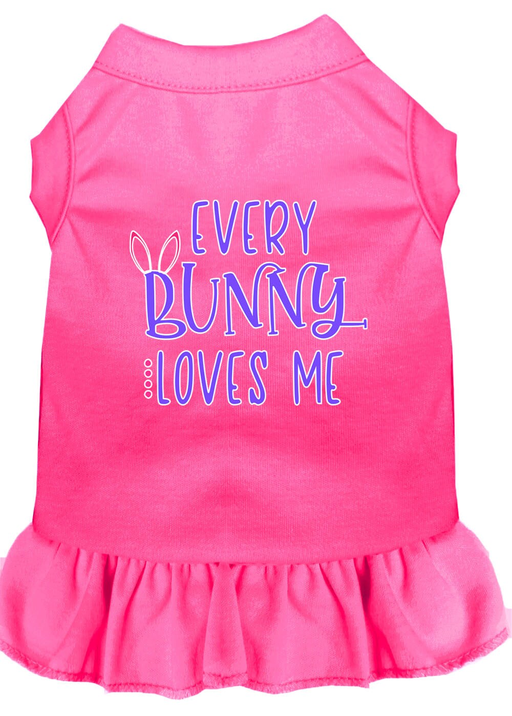 A cute pet dress for dogs and cats featuring the phrase 'Every Bunny Loves Me', made from soft cotton-polyester blend.