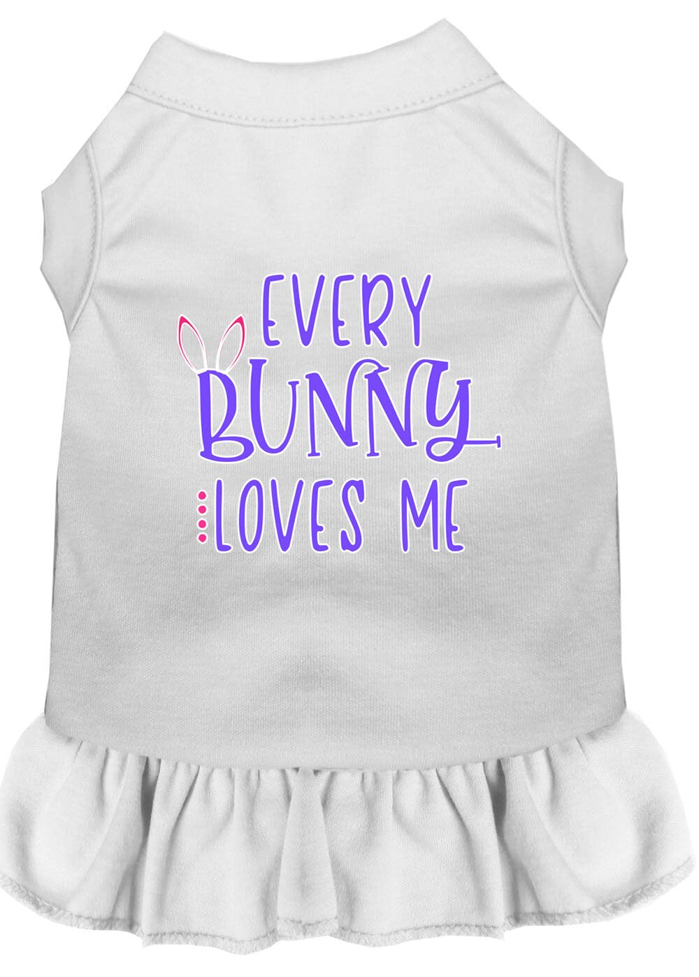 A cute pet dress for dogs and cats featuring the phrase 'Every Bunny Loves Me', made from soft cotton-polyester blend.