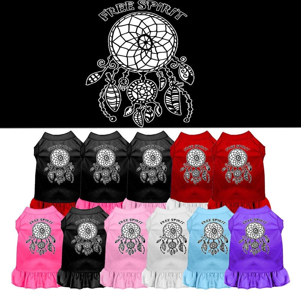 A cute pet dress for dogs and cats, featuring a vibrant 'Free Spirit' screen print design, made from soft cotton-polyester blend fabric.