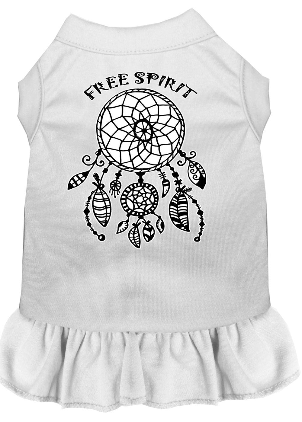 A cute pet dress for dogs and cats, featuring a vibrant 'Free Spirit' screen print design, made from soft cotton-polyester blend fabric.