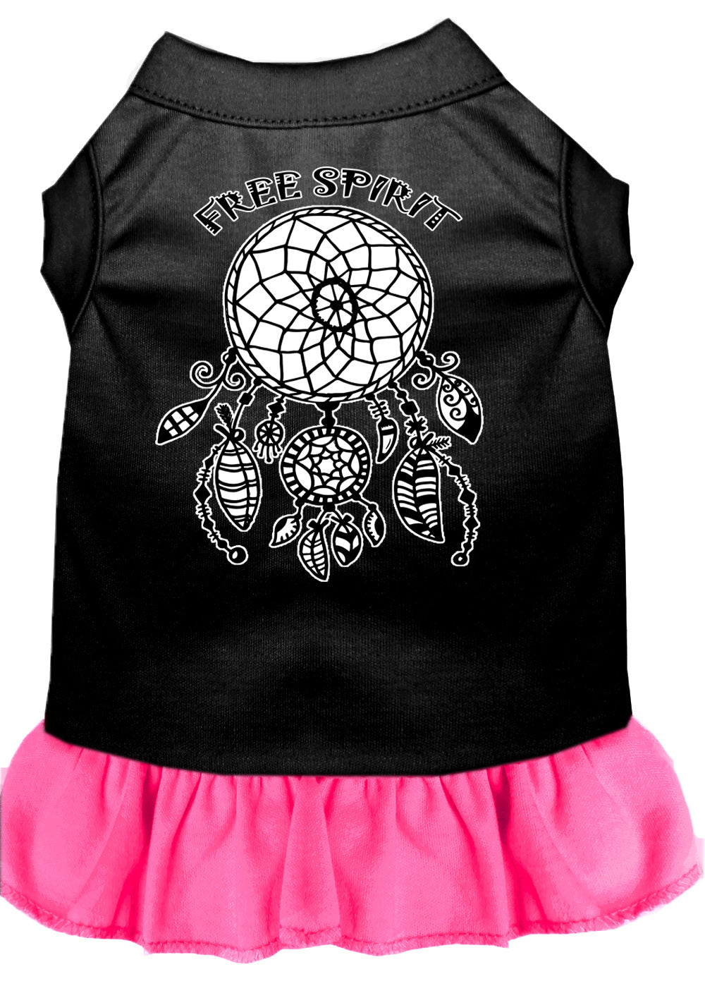 A cute pet dress for dogs and cats, featuring a vibrant 'Free Spirit' screen print design, made from soft cotton-polyester blend fabric.