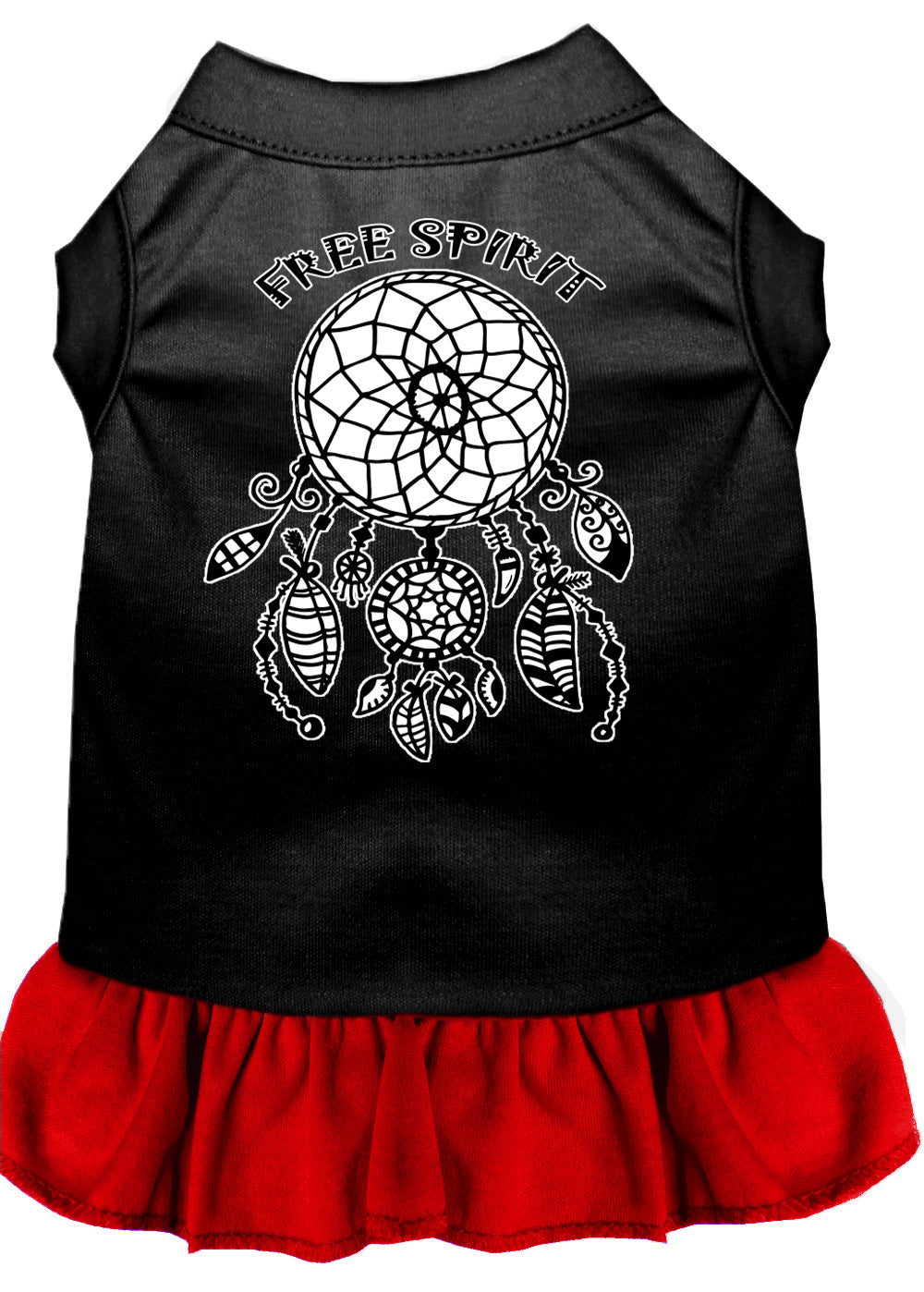 A cute pet dress for dogs and cats, featuring a vibrant 'Free Spirit' screen print design, made from soft cotton-polyester blend fabric.