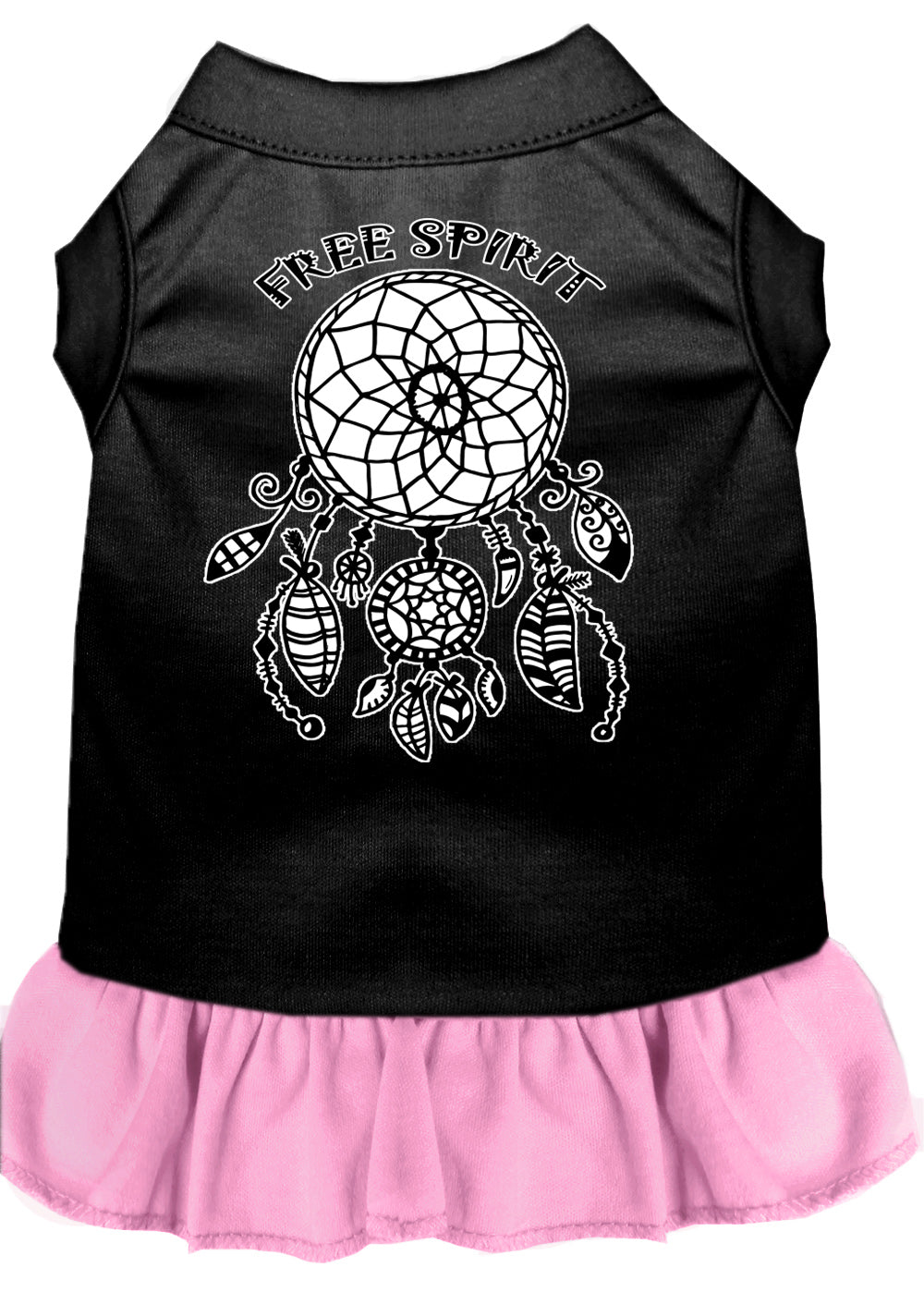 A cute pet dress for dogs and cats, featuring a vibrant 'Free Spirit' screen print design, made from soft cotton-polyester blend fabric.