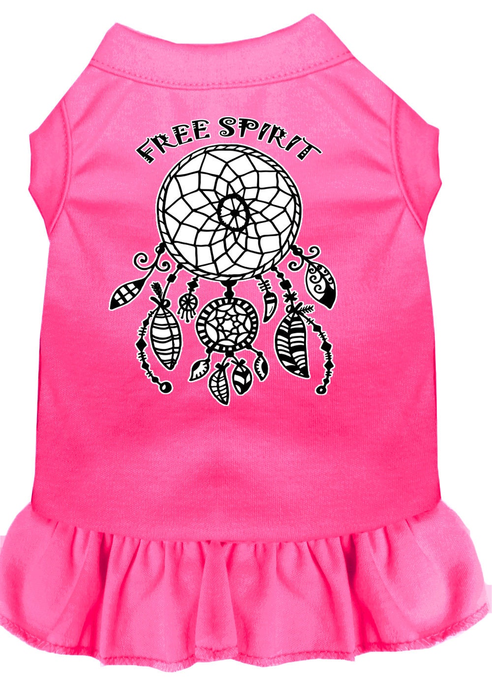 A cute pet dress for dogs and cats, featuring a vibrant 'Free Spirit' screen print design, made from soft cotton-polyester blend fabric.