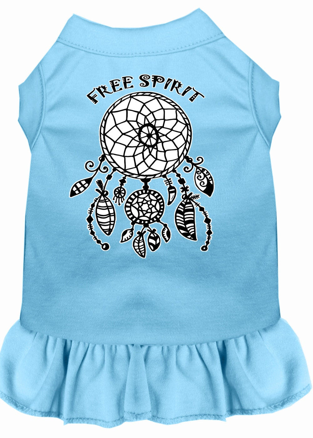 A cute pet dress for dogs and cats, featuring a vibrant 'Free Spirit' screen print design, made from soft cotton-polyester blend fabric.
