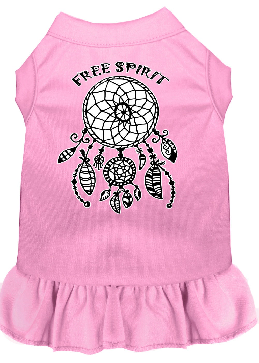 A cute pet dress for dogs and cats, featuring a vibrant 'Free Spirit' screen print design, made from soft cotton-polyester blend fabric.