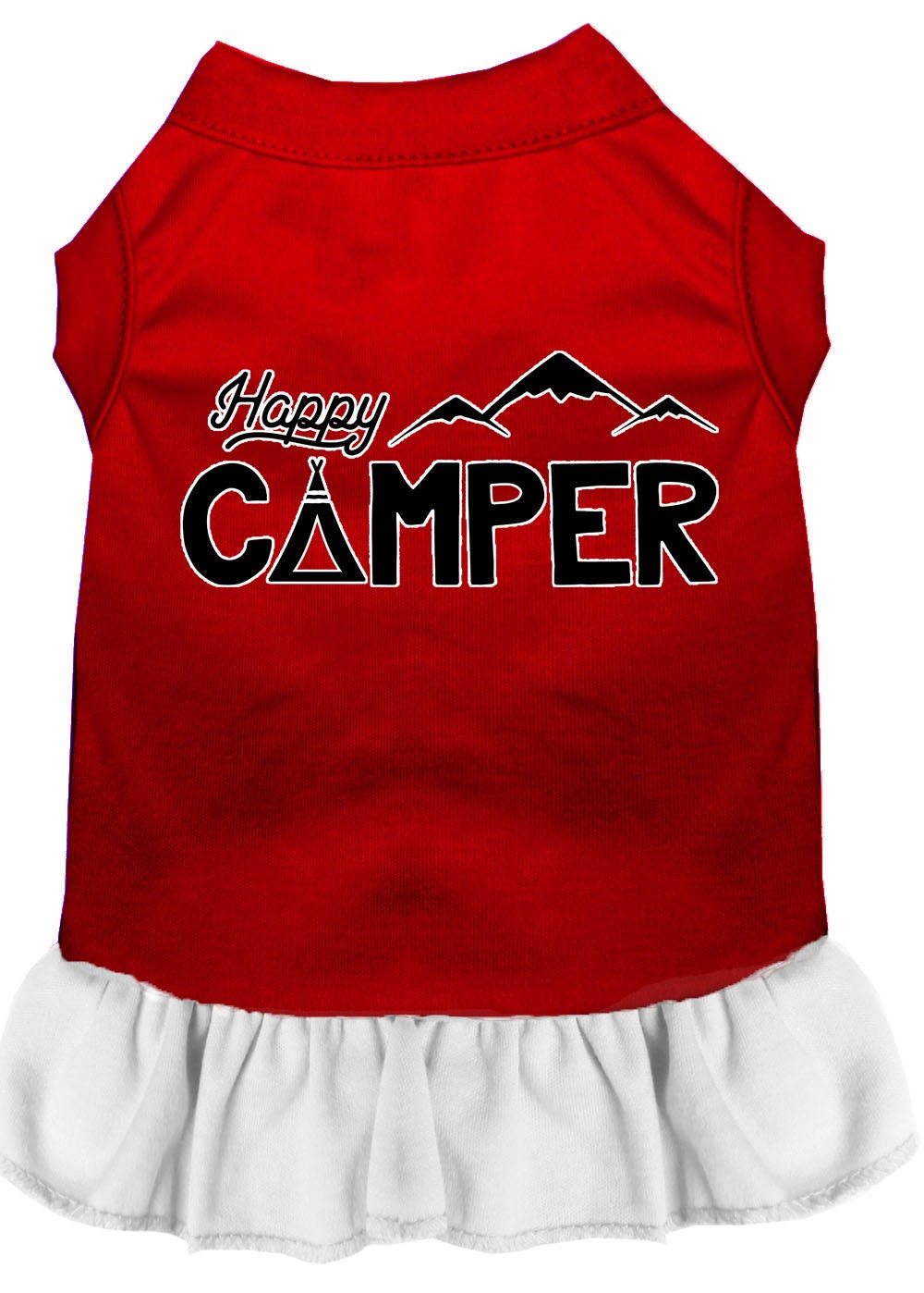 A cute 'Happy Camper' dress for pets, featuring a sleeveless design and ruffle at the bottom, made from soft cotton and polyester blend.