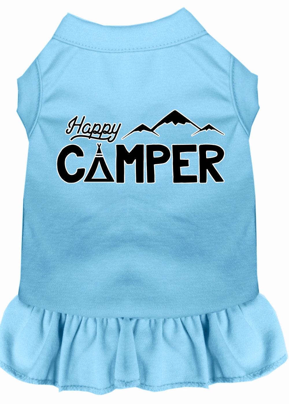 A cute 'Happy Camper' dress for pets, featuring a sleeveless design and ruffle at the bottom, made from soft cotton and polyester blend.