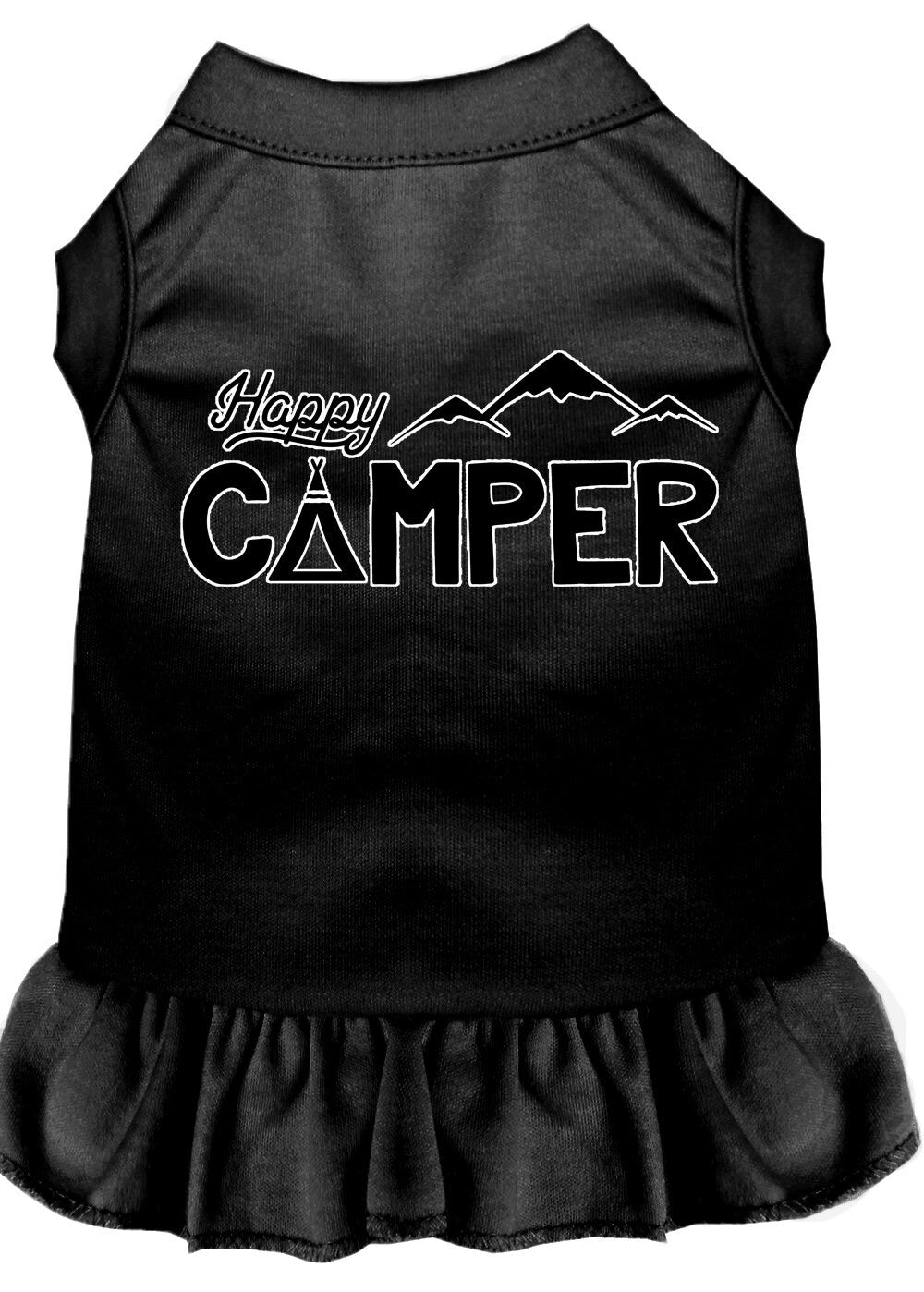 A cute 'Happy Camper' dress for pets, featuring a sleeveless design and ruffle at the bottom, made from soft cotton and polyester blend.