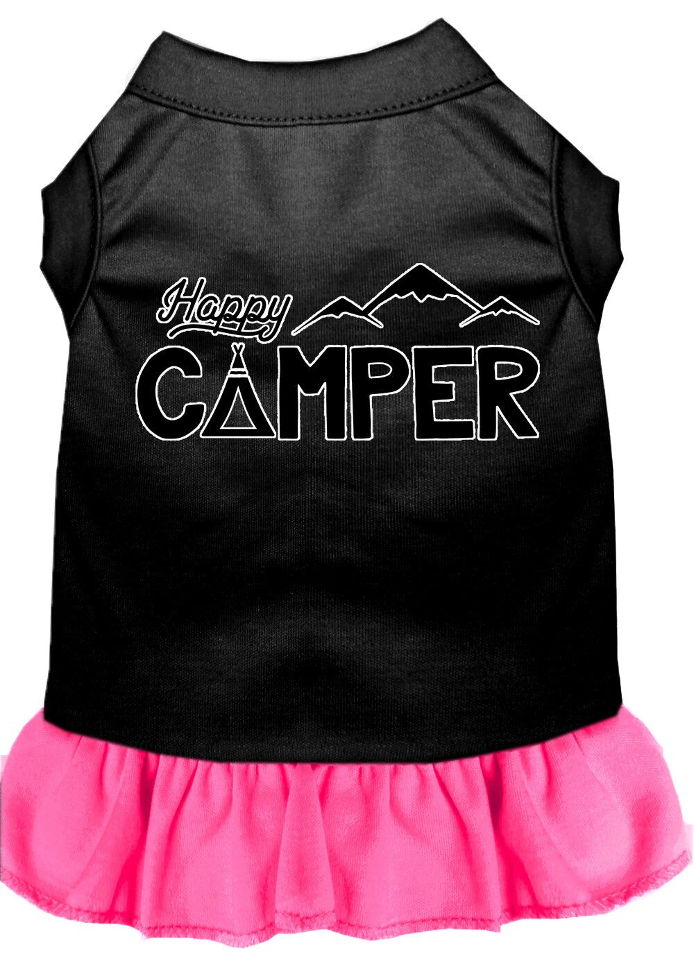 A cute 'Happy Camper' dress for pets, featuring a sleeveless design and ruffle at the bottom, made from soft cotton and polyester blend.