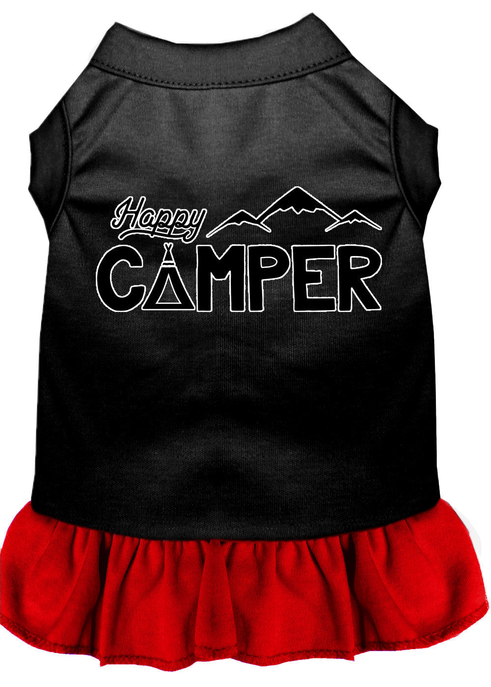 A cute 'Happy Camper' dress for pets, featuring a sleeveless design and ruffle at the bottom, made from soft cotton and polyester blend.