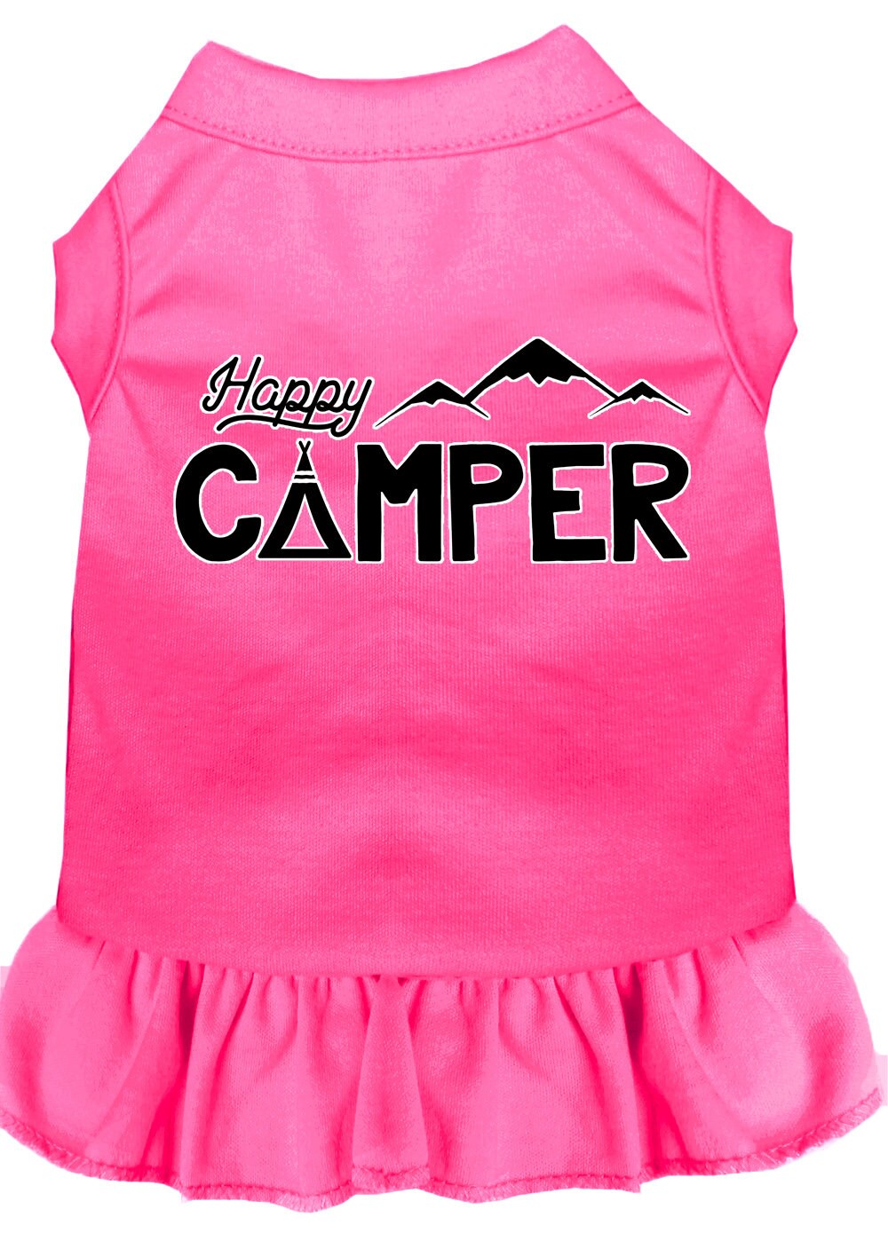 A cute 'Happy Camper' dress for pets, featuring a sleeveless design and ruffle at the bottom, made from soft cotton and polyester blend.